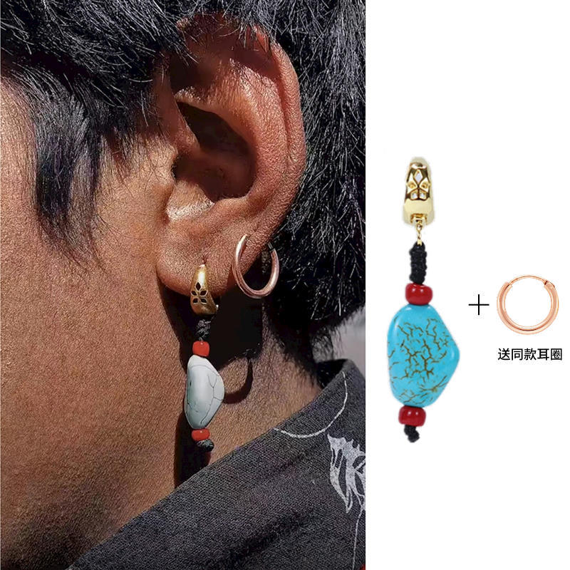 

Ding Zhen Tibetan turquoise earrings, retro earrings, personalized studs, Kangba man Tibetan earrings.
