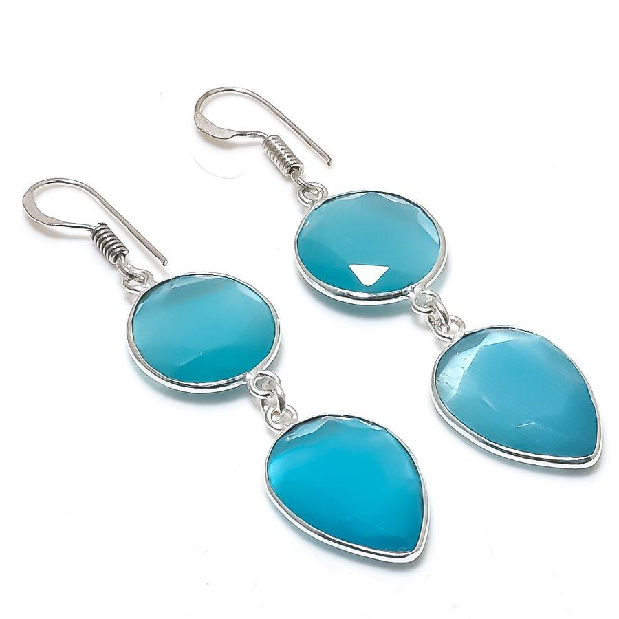 Blue Monalisa Gemstone Handmade 925 Sterling Silver Jewelry Earring 2.36" GK-7260
