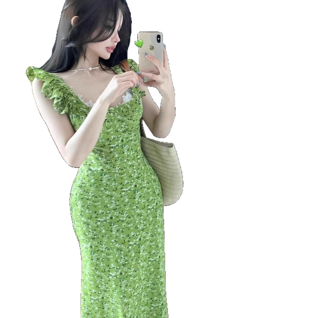 French Floral Temperament Waist Thin Dress Seaside Vacation Square Collar Chiffon Small Fresh Green Long Dress Children