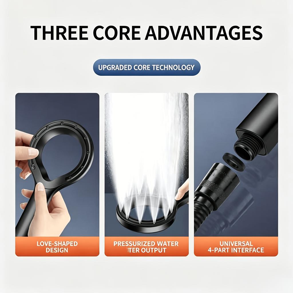 Soffione Doccia ad Anello Nero 12cm Ampia Area di Spruzzo Pressurizzato Rivestimento Spesso Antiscottatura Antigraffio Interfaccia Universale Raccordo Doccia