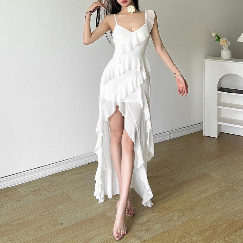 Women's White Ruffled High Low Maxi Dress Sexy V-Neck Spaghetti Strap Backless Bodycon Party Dress