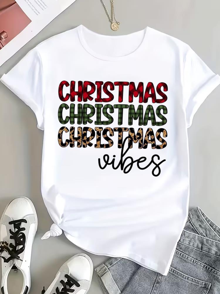 (Asian Size) Peace Trend Christmas Clothing T Shirt Tee Top Festival New Year Women Fashion Print Female Woman Short Sleeve Graphic T-shirts