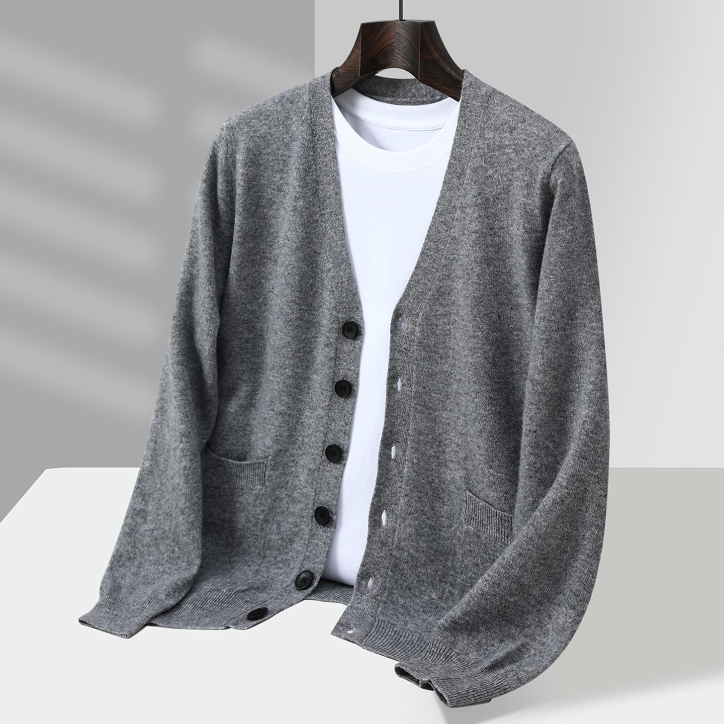 

Мужской кардиган на пуговицах с V-образным вырезом, 100% чистая шерсть: Осенне-зимняя свободная вязаная верхняя одежда на пуговицах, свитер с длинным рукавом, стиль business casual M