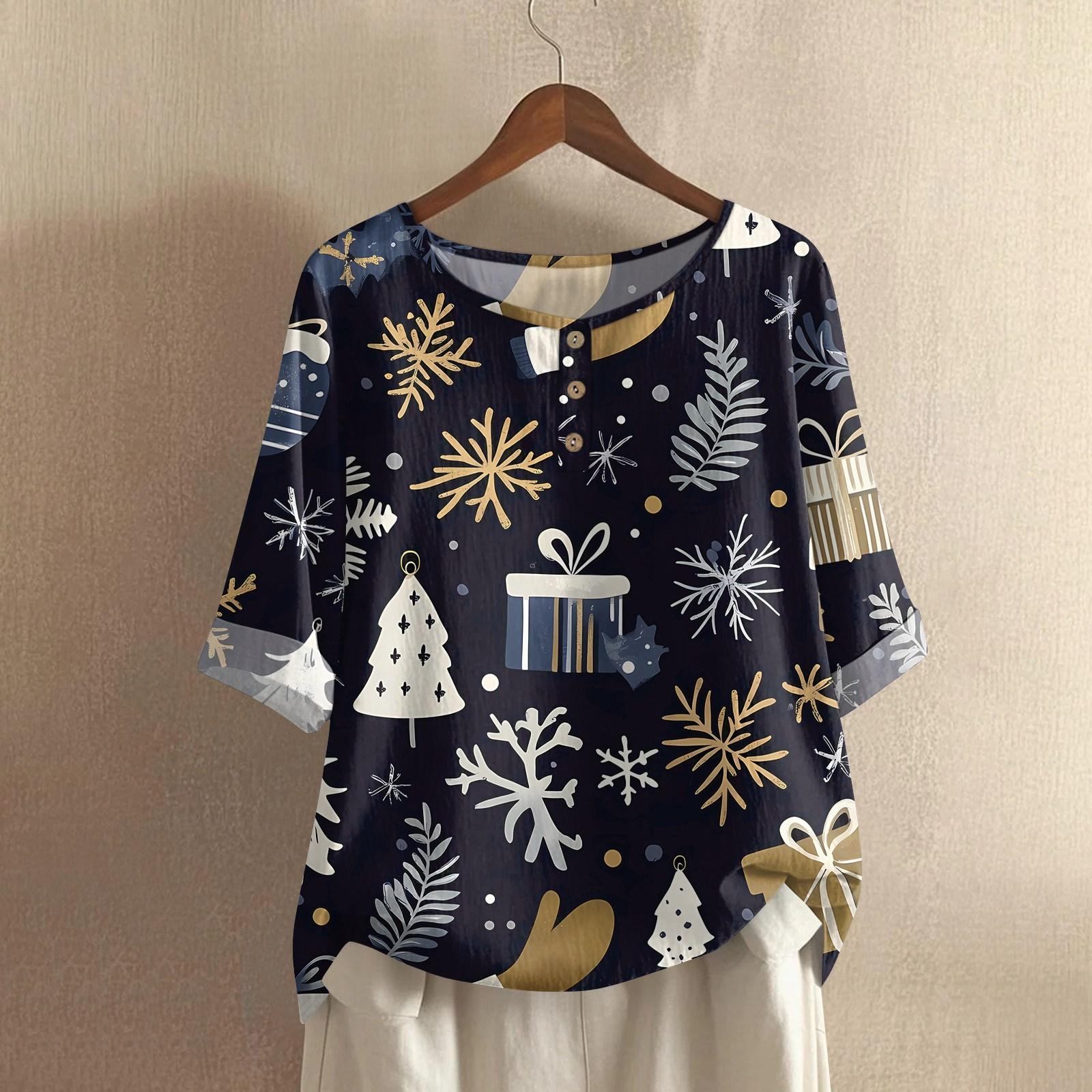 

Женская модная и повседневная рубашка с полурукавом и круглым вырезом, с рождественским принтом, блузка из хлопка и льна M тёмно-синий