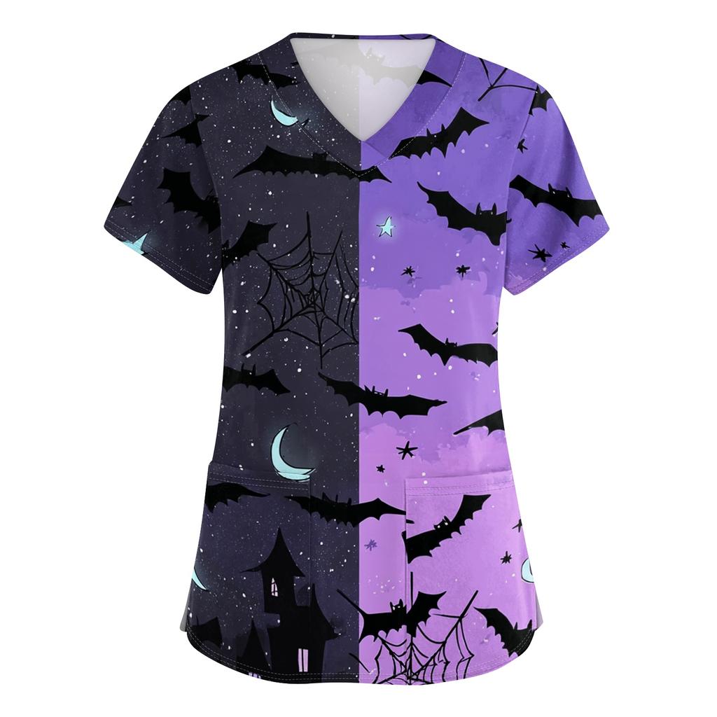 Womens V Neck Halloween Print Short Sleeve Scrub Top with Pocket Side Slit Medical Uniform Shirt for Healthcare Professionals