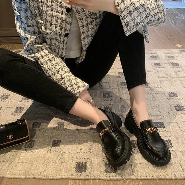 Sheepskin version~ Triumph buckle platform leather black small leather shoes women's small gold buckle thick heel single shoes muffin shoes loafers