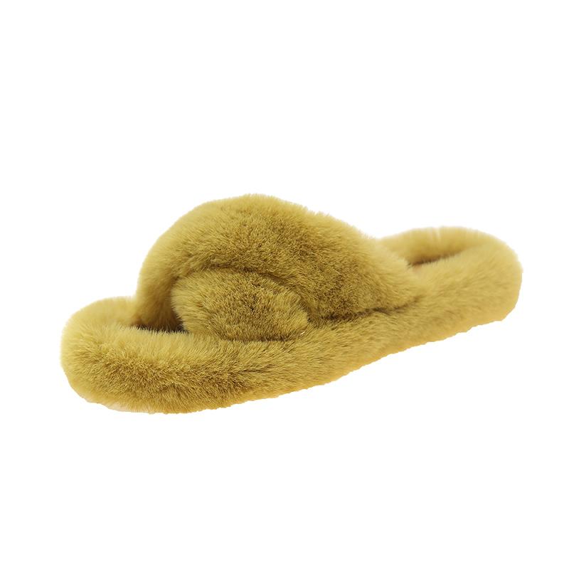 Fashion Luxury Fashion One Word Thick Fur Slippers Double Fur Slippers Casual Home Cotton Shoes Women Flat Plush Cross Straps Slippers