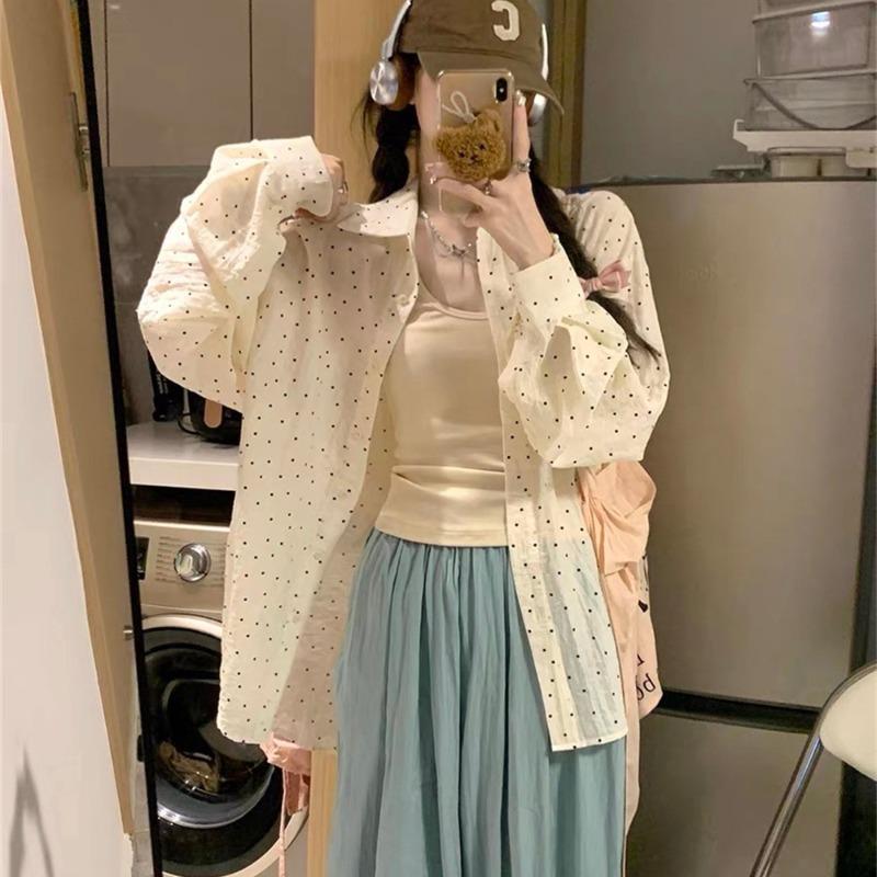 Women Loose Polka Dot Long Sleeve Lace Up Casual Sunscreen Shirt Blouse