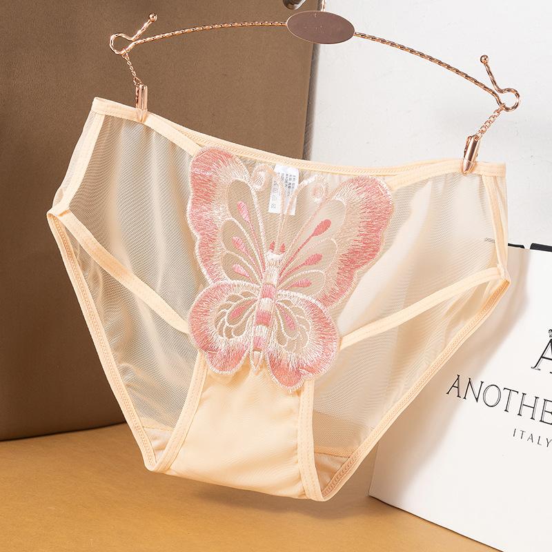 Plus-size Ladies Summer Lace Butterfly Embroidery Hollow Mesh Cotton Crotch Waist Panties