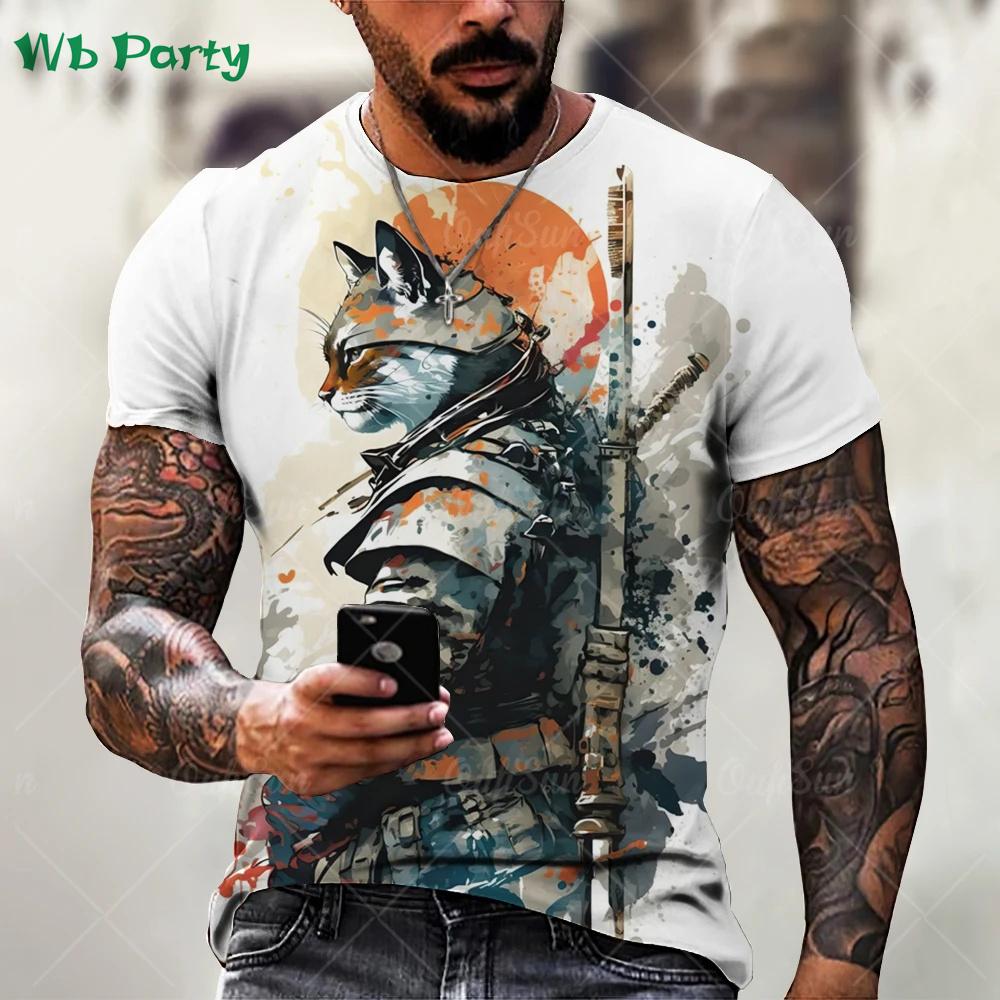 Summer Round Neck Funny Animal Samurai Cat Pattern 3D Print Top Fashionable Casual Short Sleeved Men's T-shirts