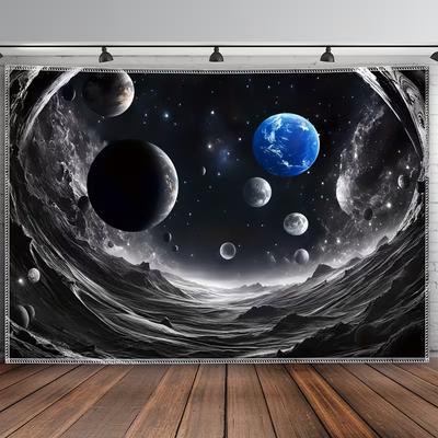 2D Planet Galaxy Tapestry Monochrome Universe Scene with Blue Earth Wall Art