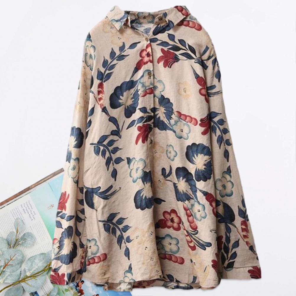 Lapel Long Sleeve Women Shirt Buttons Placket Anti-pilling Retro Shirt Top Flower Pattern Loose Cardigan Shirt Daily Garment