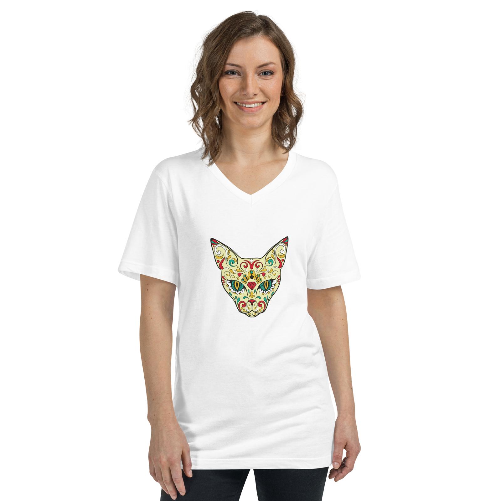 Sugar Skull Cat Womens V-Neck T-Shirt Mens Womens Tees Top 3XL