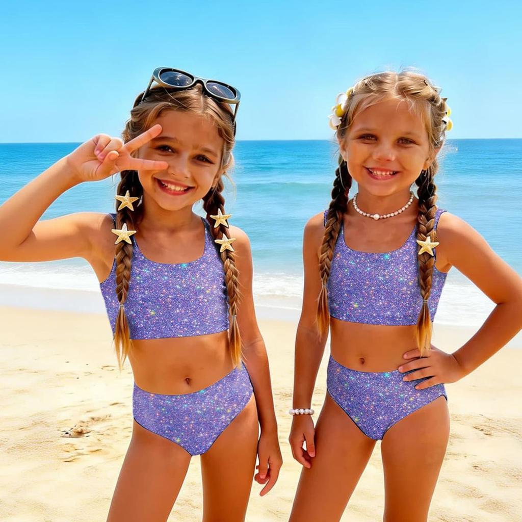 Costume da Bagno Due Pezzi per Bambina Set Top Corto Senza Maniche con Stampa di Paillettes e Slip a Vita Alta Costumi da Bagno per Bambini Estate Abbigliamento da Spiaggia