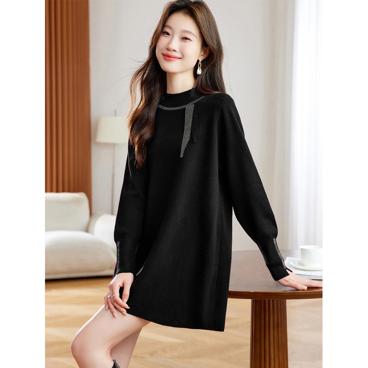 

2025 Rhinestone High Neck Knit Midi Dress for Petite Women XL чорний
