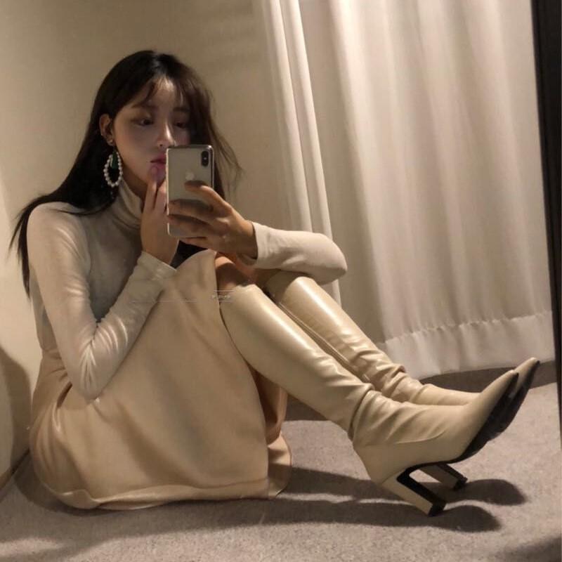 Korean Version of White Pointed High-heeled Boots, But Knee Thick Heels, Thin Elastic Boots, Small Man
