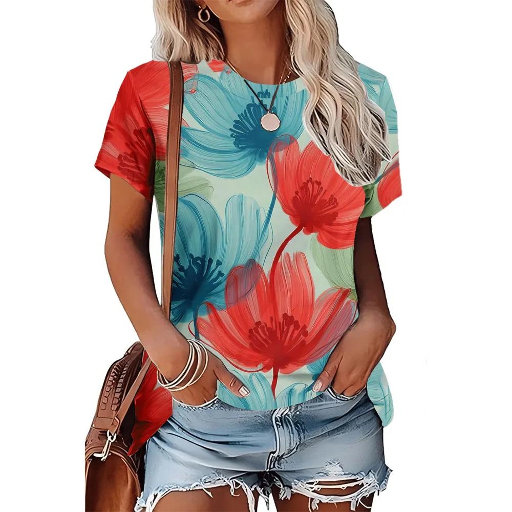 Women's V-Neck Flower Printed Top Fashion Versatile Short Sleeve Comfortable Daily T-Shirts Women’s