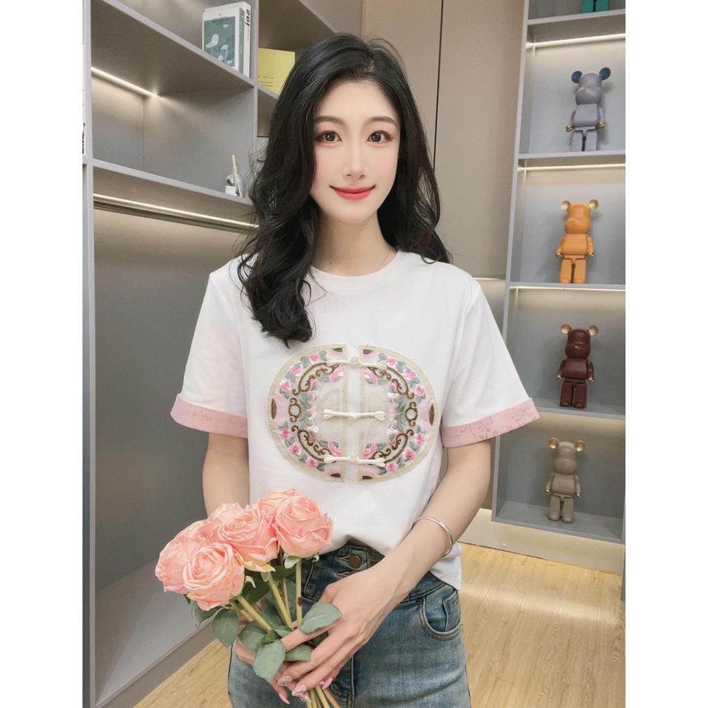 2026 Summer Women's Elegant Embroidered Chinese Style Short Sleeve Round Neck T-shirt