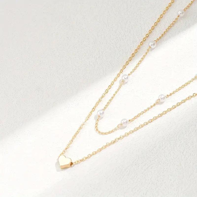 Retro Pearl Heart Pendant Necklace - Layered Alloy Chain for Women, European & American Style