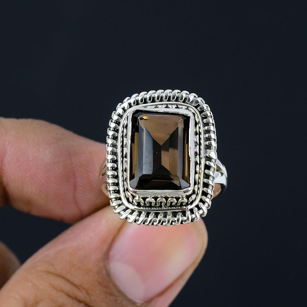 Natural Smoky Quartz 925 Sterling Silver Split Shank Handmade Ring For Women & Girls