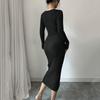 Women's Fashion Ribbed Knitted Bodycon Wrap Midi Dress With V-Neck, Long Sleeves, Button Detail And Slim Fit