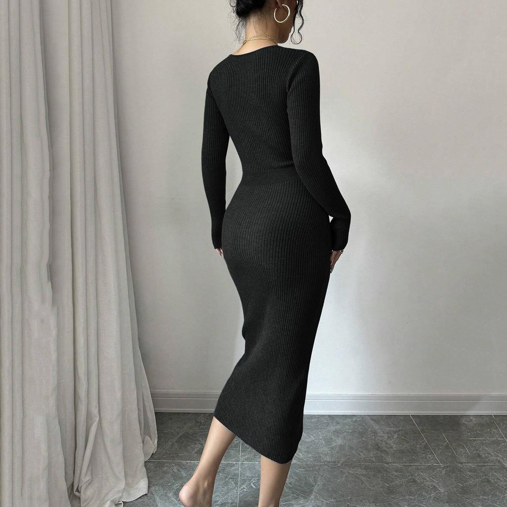 Women's Fashion Ribbed Knitted Bodycon Wrap Midi Dress With V-Neck, Long Sleeves, Button Detail And Slim Fit