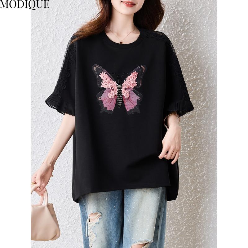 MODIQUE Spring Summer Plus Size New Women Loose Solid Balck Vintage Fashion Print Blouse Shirts Female Casual Oversize Short Sleeve V-Neck Top
