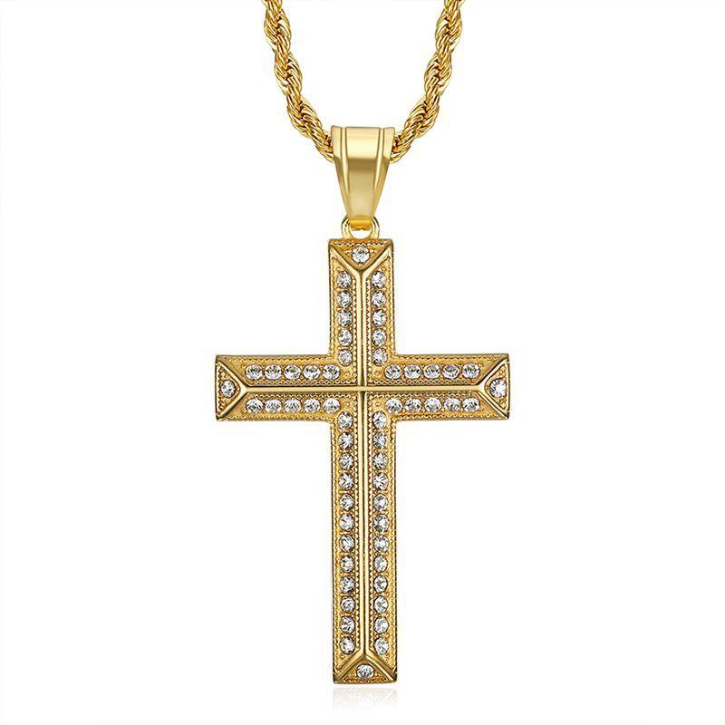 European and American Religious Jewelry 2026 Gold-plated Diamond-encrusted Cross Pendant Necklace 60CM