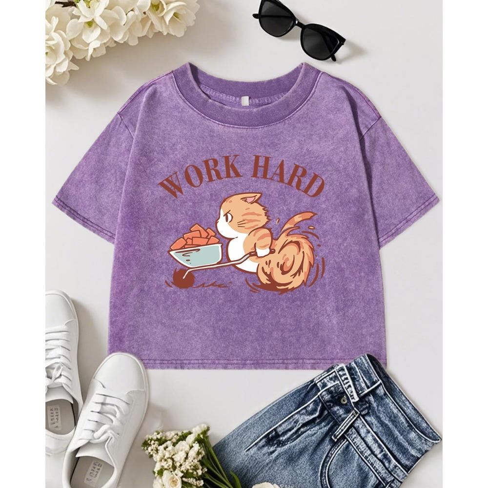 Work Hard Fighting Cat Cartoons Printing Women Washed Tops Summer T-Shirt O-Neck Slim T Shirts Soft Fitness Streetwear