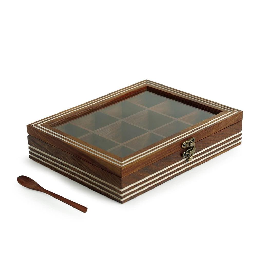 Sheesham Wooden Spice Box for Kitchen with Spoon (12 Partitions, Non Detachable, 90 Ml, Brown)