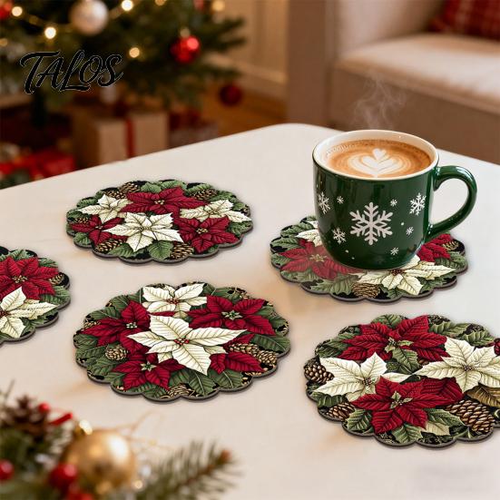 Rutschfeste Holzmatten 4/6 Stück Weihnachts-Tier-Untersetzer, Festliche Karomuster-Blumen-Runde Getränkebecher-Untersetzer Matten, Tischdekorationen für Zuhause Büro