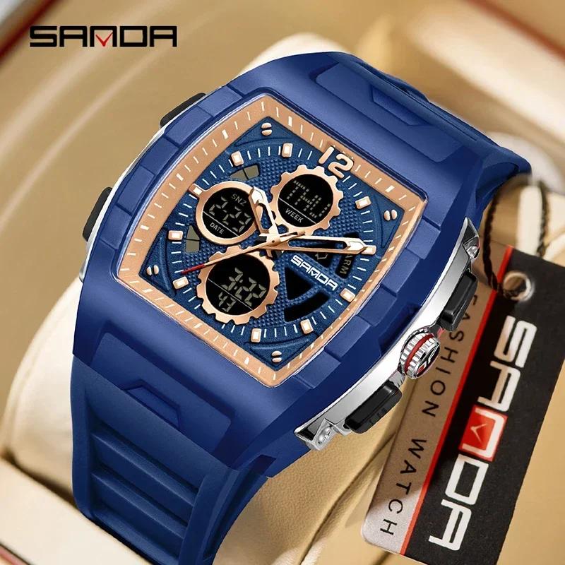 SANDA SD3391 Men Quartz Watch Chronograph Digital Watch Dual Display Outdoor Military Sport LED Luminous Clock