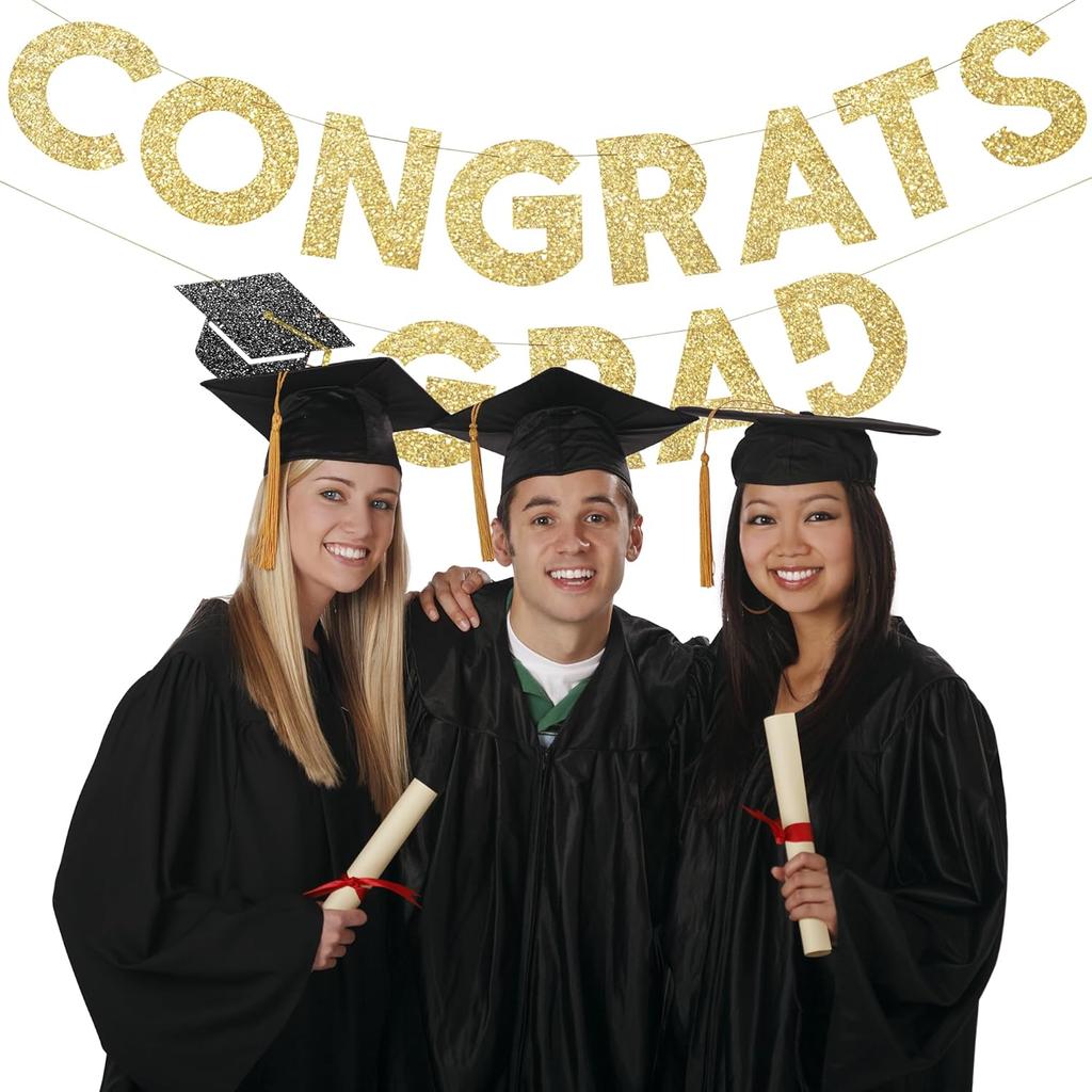 Congrats Grad Banner Gold Glitter Pre-Strung Congrats Grad Sign - 8ft -No DIY - Graduation Party Decorations for Class of 2025 Graduation Decorations