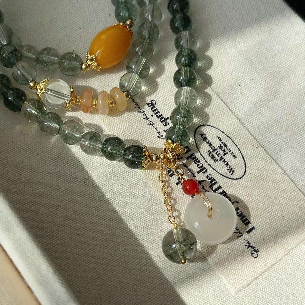 Women's Natural Green Phantom Crystal & Agate Beaded Bracelet - New Chinese Style