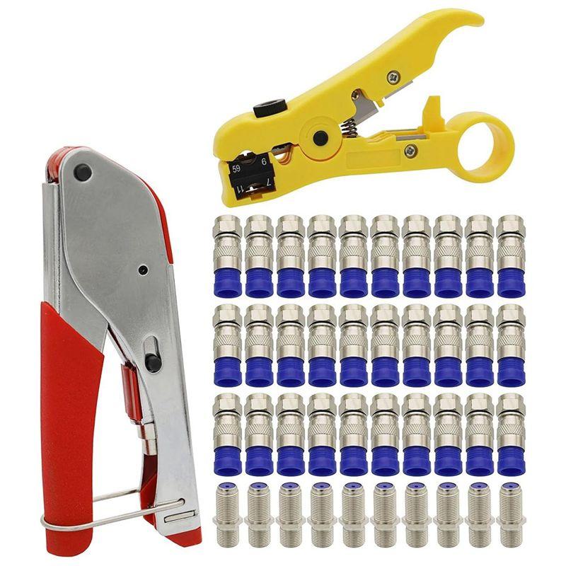 ABBY-Coax Cable Crimper And F RG6 Connectors 30Pcs F Male And 10Pcs Female To Female With Coaxial Compression Tool Kit