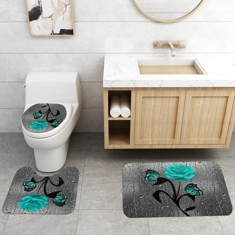 4PCS Flowers Rose Print 3D Shower Curtain Waterproof Polyester Bathroom Curtain Anti-slip Bath Mat Toilet Rugs Carpet Bath Sst Decor