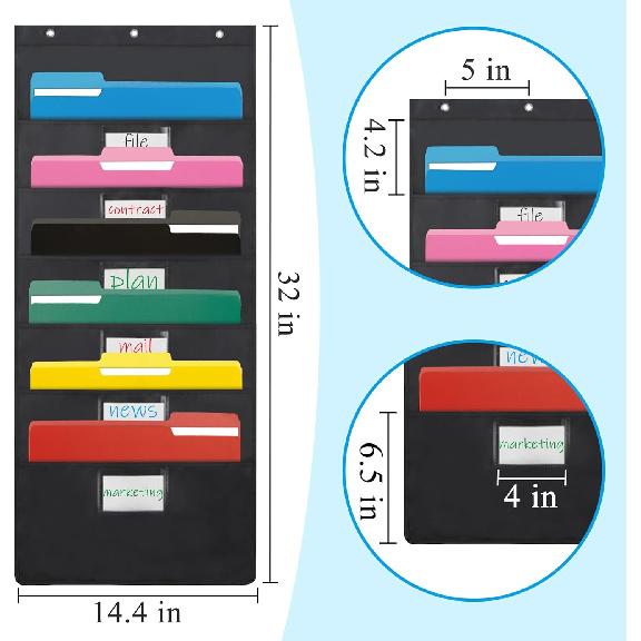 Black 6-Pocket Hanging Wall File Organizer, Pocket Chart for Classroom, Office, Home