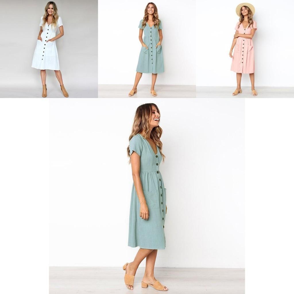 Nrj 2020 Hot Sale V-neck Button-up Short Sleeve Women's Dress With Pockets