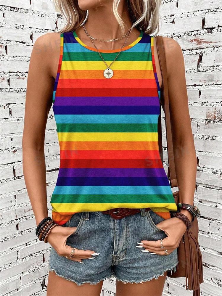 2026 New Striped Print Women's Elegant Tank Top Summer Street Fashion Tank Top Everyday Casual Women's Sleeveless T-shirt