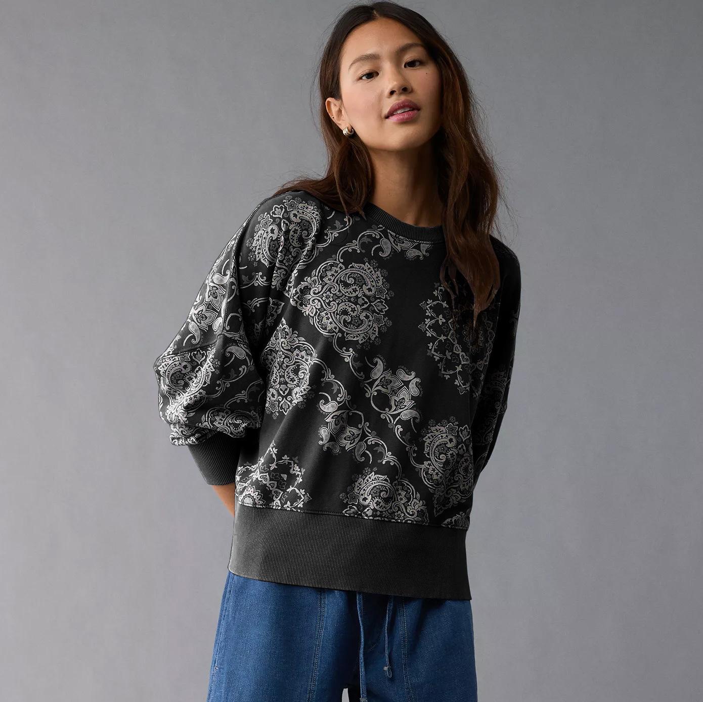 

Women s Retro Pattern Crewneck Sweatshirt Bohemian Print Long Sleeve Casual Pullover S чёрный