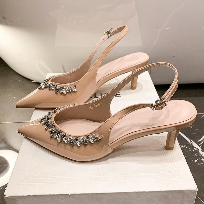 

Feng Shui pure desire to drill thin heels sandals banquet pointed new daughter patent leather high heels 2025 autumn light luxury sexy 40 телесный