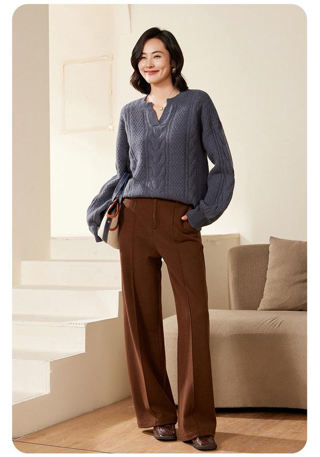 Women's 2024 Autumn/Winter Pure Wool Cable Knit Loose Pullover Sweater with Round Neck