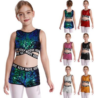 Kids Girls Sparkling Sequins Dance Clothes Set Sleeveless Criss Cross Straps Crop Top with Shorts