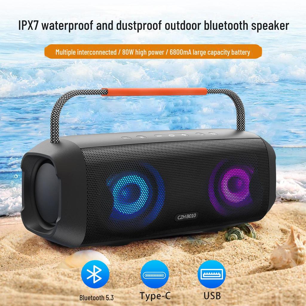 60W High-Power Bluetooth Subwoofer, IPX7 Waterproof RGB Portable Outdoor Speaker