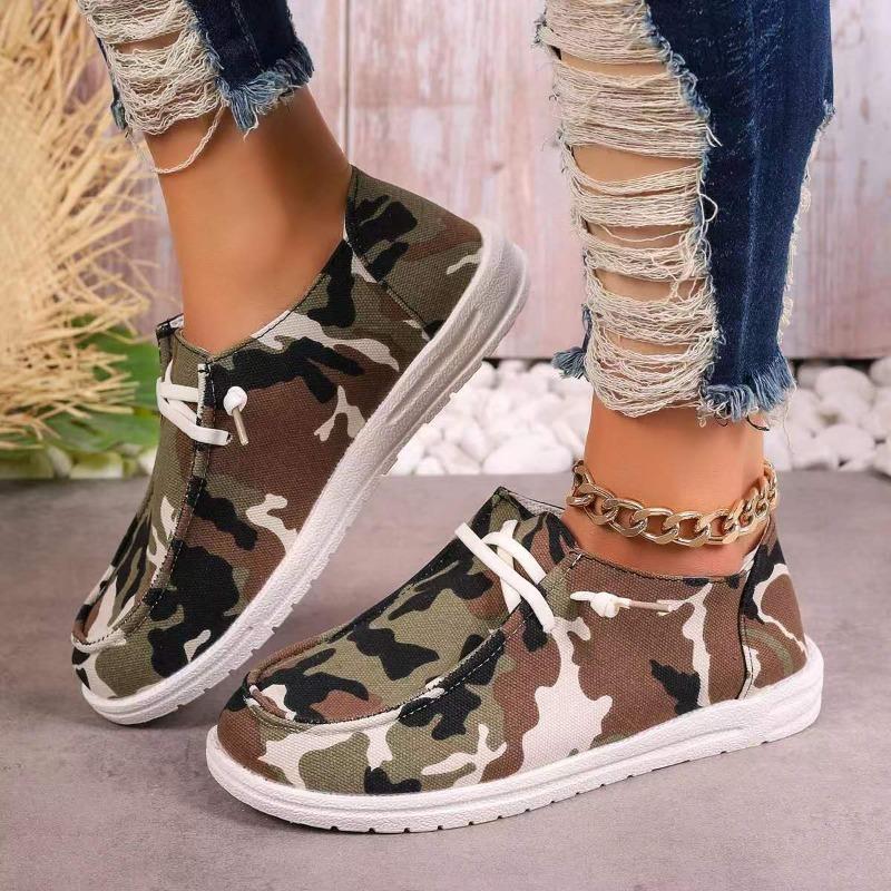 Plus Size Spring New Lace-up Camouflage Canvas Women's Flat Casual Shoes Women's Cloth Shoes