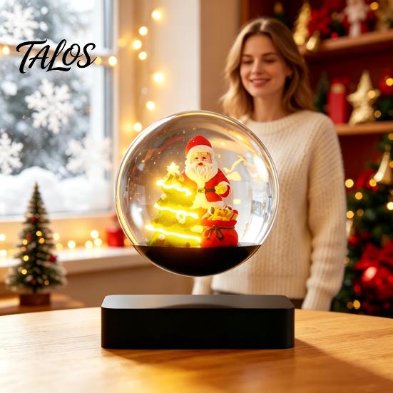 Magnetic Floating Christmas Sleigh Levitating Santa Claus Tree Ornament with LED Light, Lighted Rotating Levitation Festive Glass Ball for Tabletop
