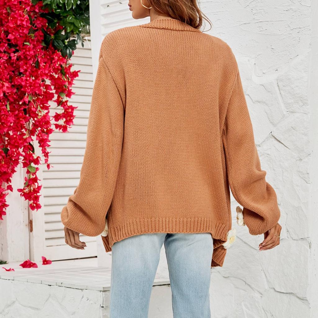 Dámský ležérní módní pohodlný květinový kardigan s dlouhým rukávem, pouliční trend, pletený svetr