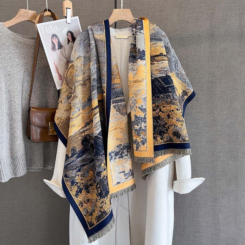 Autumn New Retro Oil Painting Printed Scarf High-end Imitation Cashmere Wool Thickened Warm Scarf Multi-functional Shawl