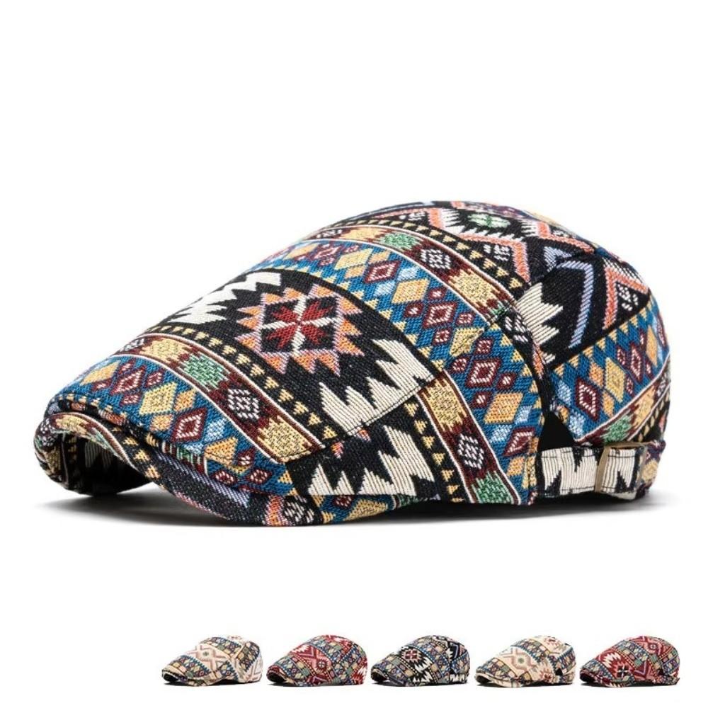 Fashion Headwear Jacquard Retro Beret Ethnic Embroidery Adjustable Beret Hat Lightweight Flat Cap Unisex