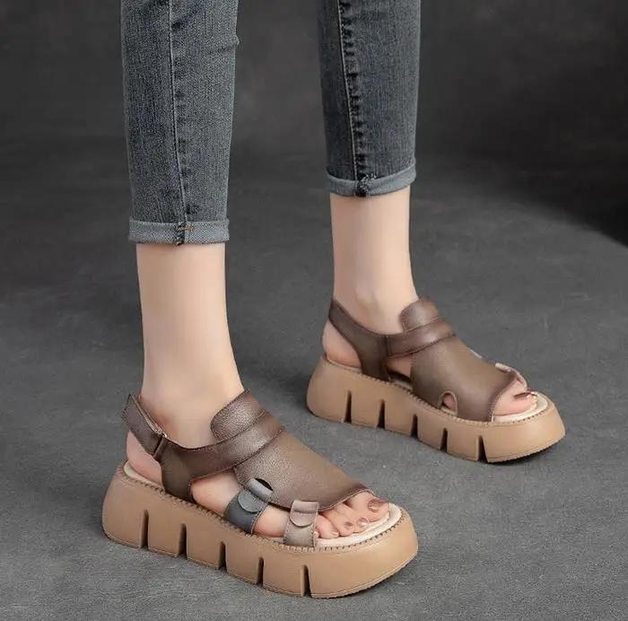 Fashion 5.5CM Summer Handmade Genuine Leather Sandals Women Designer Luxury Hook And Loop Wedges Platform Casual Sandals Women Shoes